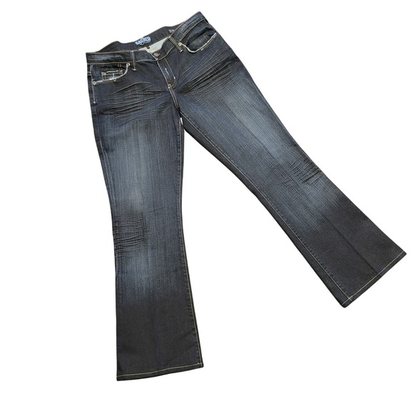 Distressed Jeans Womens 29 Sacred Blue Low Rise Flare Jeans Dark Wash Denim - Picture 1 of 8